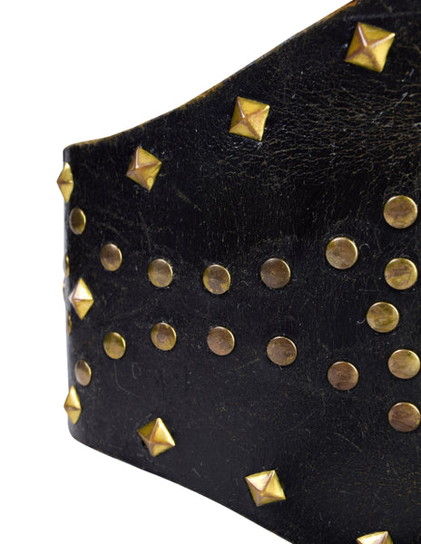 Vintage 1970s Rustic Ultra Wide Studded Black Leather Corset Belt