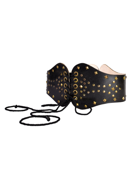 Vintage 1970s Rustic Ultra Wide Studded Black Leather Corset Belt