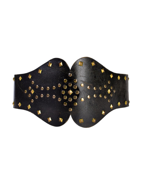 Vintage 1970s Rustic Ultra Wide Studded Black Leather Corset Belt