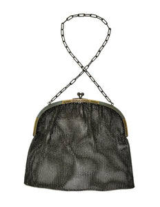 Vintage 1930s Blackened Charcoal Grey Chainmail Metal Mesh Gold Embossed Kiss Lock Handbag