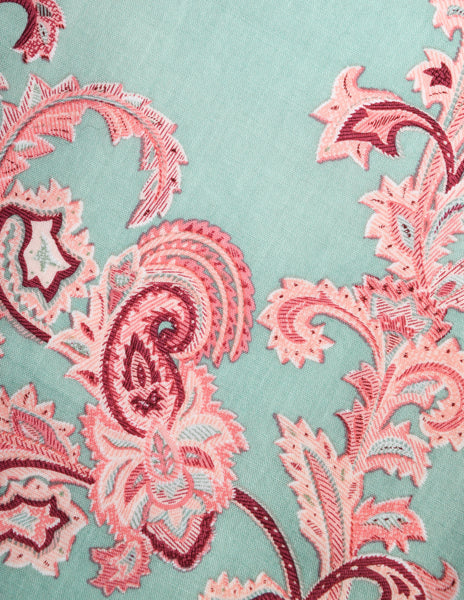 Vivienne Westwood Vintage 1990s Pink and Mint Embroidered Paisley Damask Cotton Scarf
