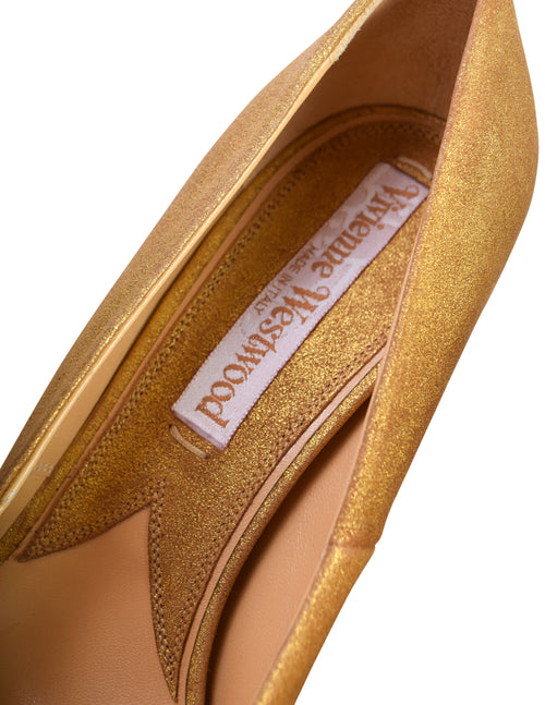 Vivienne Westwood Gold Nubuck Leather Pointed Toe Arctic Platform Heel Amarcord Vintage Fashion