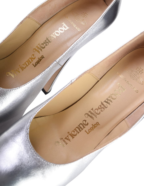 Vivienne Westwood Vintage AW 1993 'Anglomania' Collection Metallic Silver Leather Elevated Court Shoes