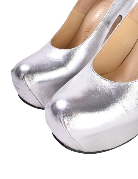 Vivienne Westwood Vintage AW 1993 'Anglomania' Collection Metallic Silver Leather Elevated Court Shoes