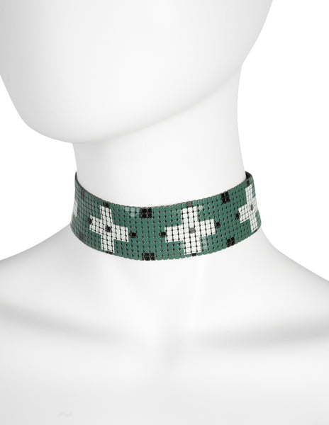Whiting & Davis for Giorgio di Sant'Angelo Vintage AW 1970 Green Enamel Mesh Choker Necklae
