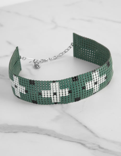 Whiting & Davis for Giorgio di Sant'Angelo Vintage AW 1970 Green Enamel Mesh Choker Necklae