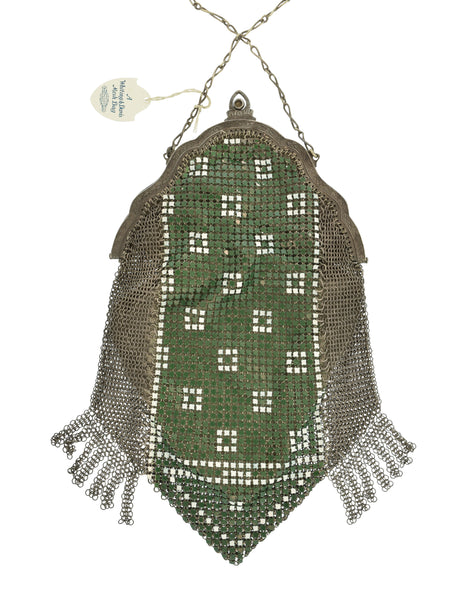 Whiting & Davis Vintage 1920s Green White Silver Art Deco Enamel Chainmail Fringed Flapper Handbag