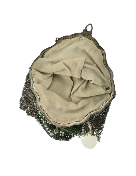 Whiting & Davis Vintage 1920s Green White Silver Art Deco Enamel Chainmail Fringed Flapper Handbag