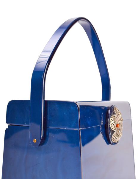 Wilardy Vintage 1950s Marbled Marine Blue Lucite Large Handbag