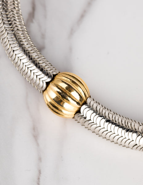 Yves Saint Laurent Haute Couture Vintage Silver Stacked Serpentine and Gold Ball Choker Necklace