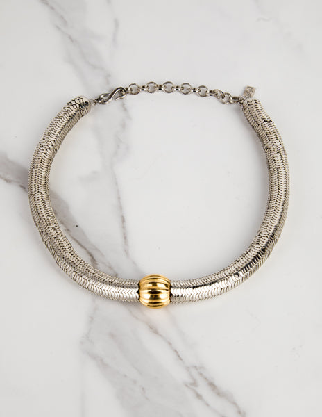 Yves Saint Laurent Haute Couture Vintage Silver Stacked Serpentine and Gold Ball Choker Necklace