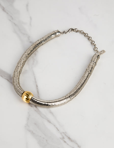 Yves Saint Laurent Haute Couture Vintage Silver Stacked Serpentine and Gold Ball Choker Necklace