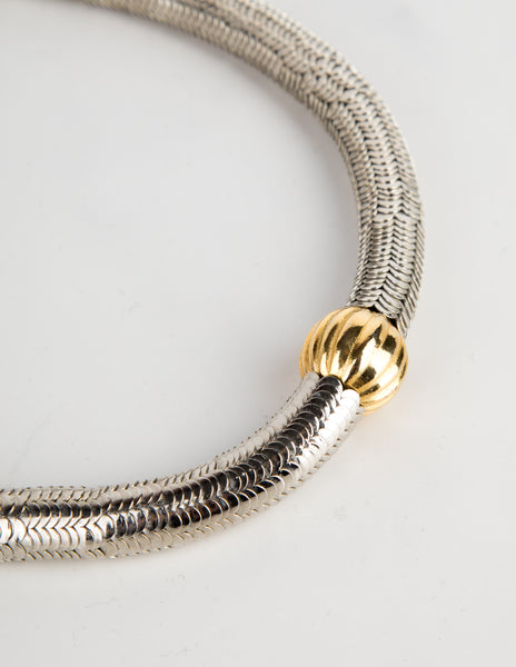 Yves Saint Laurent Haute Couture Vintage Silver Stacked Serpentine and Gold Ball Choker Necklace