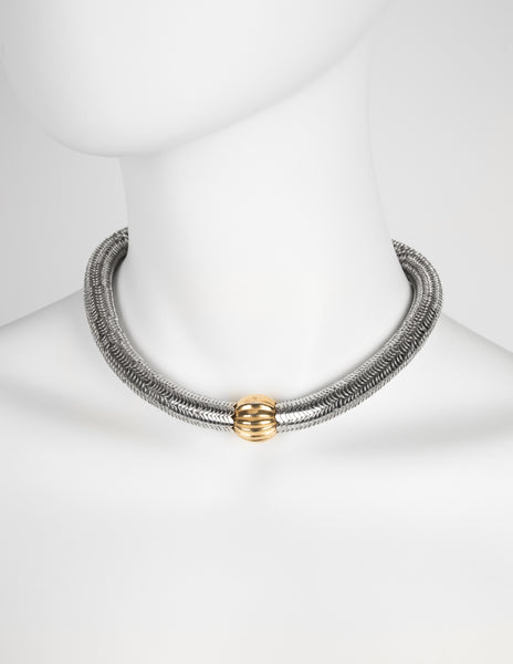 Yves Saint Laurent Haute Couture Vintage Silver Stacked Serpentine and Gold Ball Choker Necklace