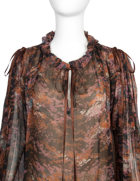 Yves Saint Laurent Vintage Haute Couture AW 1977 'Les Chinoises' Autumnal Foliage Print Silk Top