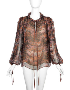 Yves Saint Laurent Vintage Haute Couture AW 1977 'Les Chinoises' Autumnal Foliage Print Silk Top