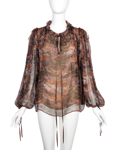 Yves Saint Laurent Vintage Haute Couture AW 1977 'Les Chinoises' Autumnal Foliage Print Silk Top