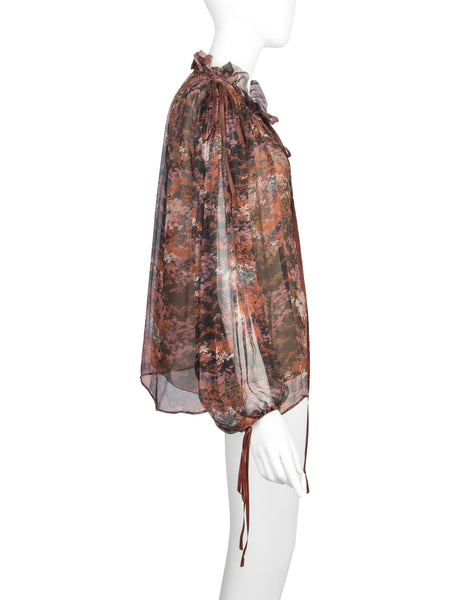 Yves Saint Laurent Vintage Haute Couture AW 1977 'Les Chinoises' Autumnal Foliage Print Silk Top