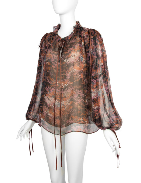 Yves Saint Laurent Vintage Haute Couture AW 1977 'Les Chinoises' Autumnal Foliage Print Silk Top