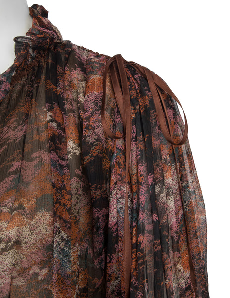 Yves Saint Laurent Vintage Haute Couture AW 1977 'Les Chinoises' Autumnal Foliage Print Silk Top