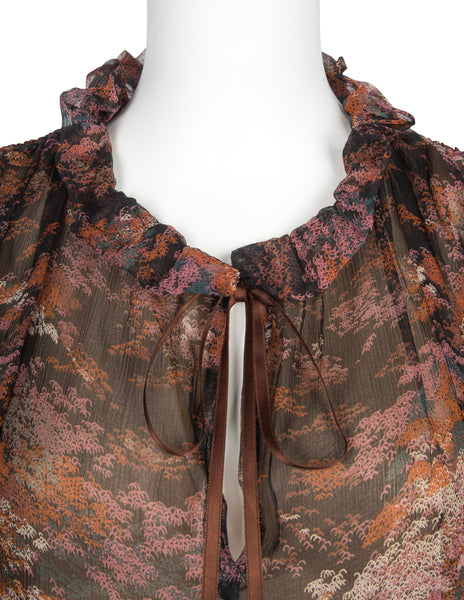 Yves Saint Laurent Vintage Haute Couture AW 1977 'Les Chinoises' Autumnal Foliage Print Silk Top