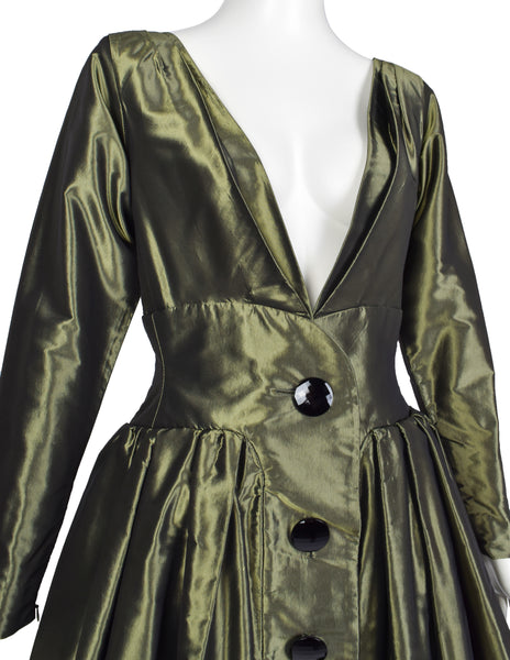 Yves Saint Laurent Vintage AW 1991 Metallic Green Silk Taffeta Plunging Party Dress