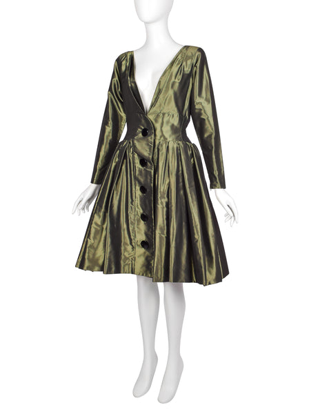 Yves Saint Laurent Vintage AW 1991 Metallic Green Silk Taffeta Plunging Party Dress