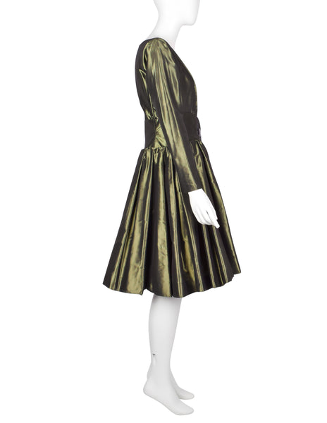 Yves Saint Laurent Vintage AW 1991 Metallic Green Silk Taffeta Plunging Party Dress