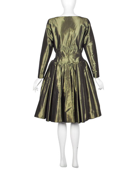 Yves Saint Laurent Vintage AW 1991 Metallic Green Silk Taffeta Plunging Party Dress
