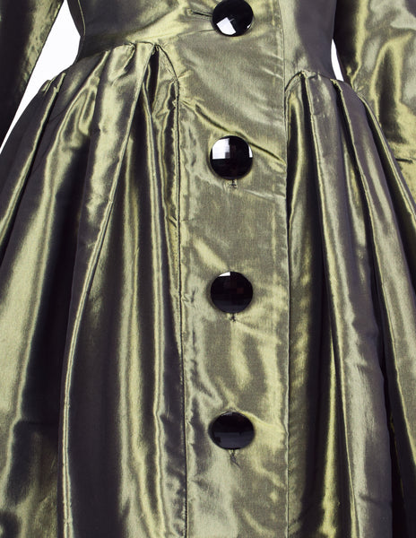 Yves Saint Laurent Vintage AW 1991 Metallic Green Silk Taffeta Plunging Party Dress