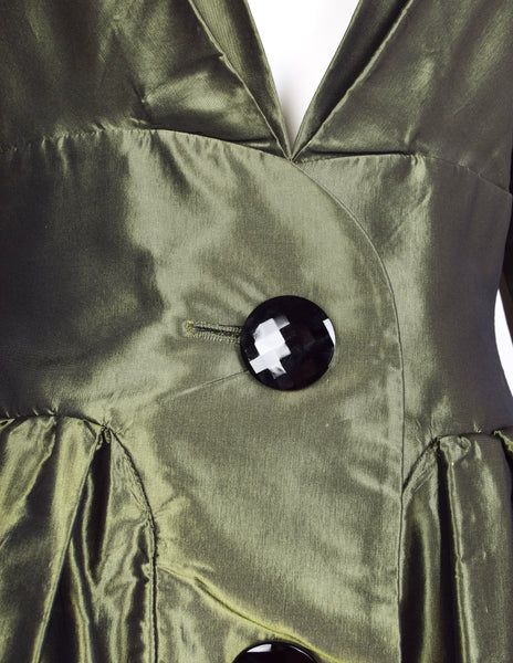 Yves Saint Laurent Vintage AW 1991 Metallic Green Silk Taffeta Plunging Party Dress
