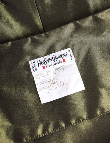 Yves Saint Laurent Vintage AW 1991 Metallic Green Silk Taffeta Plunging Party Dress