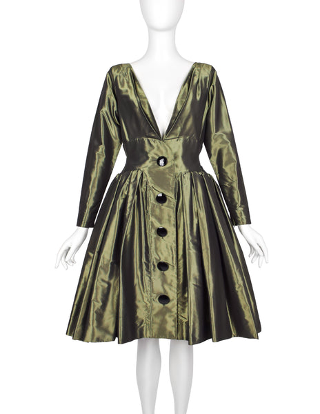 Yves Saint Laurent Vintage AW 1991 Metallic Green Silk Taffeta Plunging Party Dress
