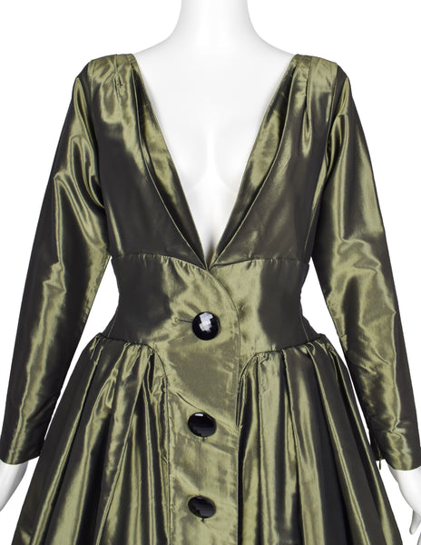 Yves Saint Laurent Vintage AW 1991 Metallic Green Silk Taffeta Plunging Party Dress