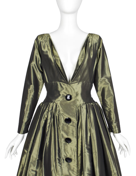 Yves Saint Laurent Vintage AW 1991 Metallic Green Silk Taffeta Plunging Party Dress