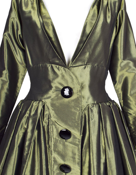 Yves Saint Laurent Vintage AW 1991 Metallic Green Silk Taffeta Plunging Party Dress
