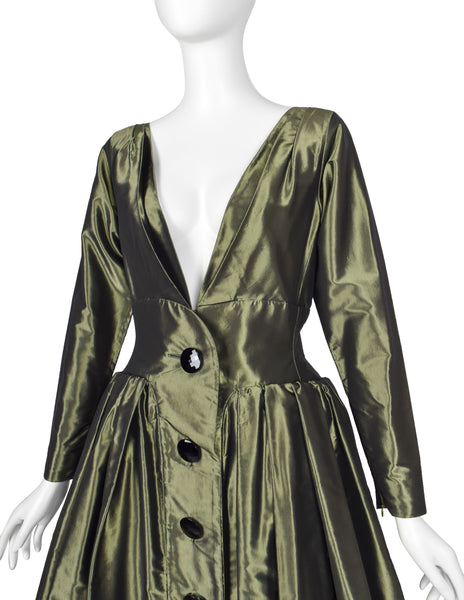 Yves Saint Laurent Vintage AW 1991 Metallic Green Silk Taffeta Plunging Party Dress