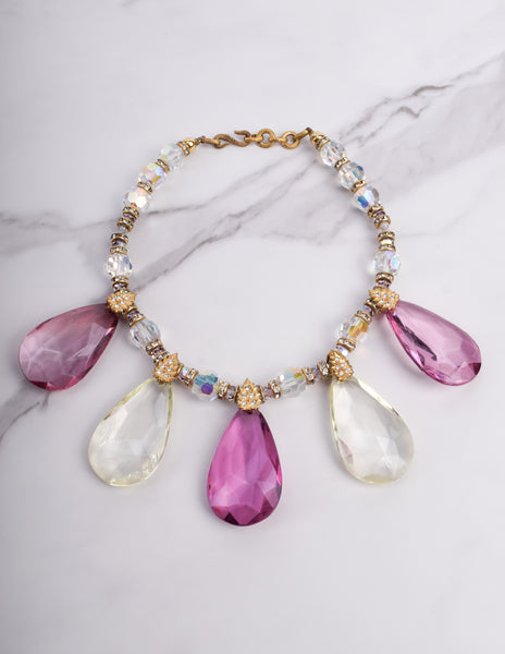 Yves Saint Laurent Vintage SS 1980 Pink Iridescent Faceted Bead and Rhinestone Necklace