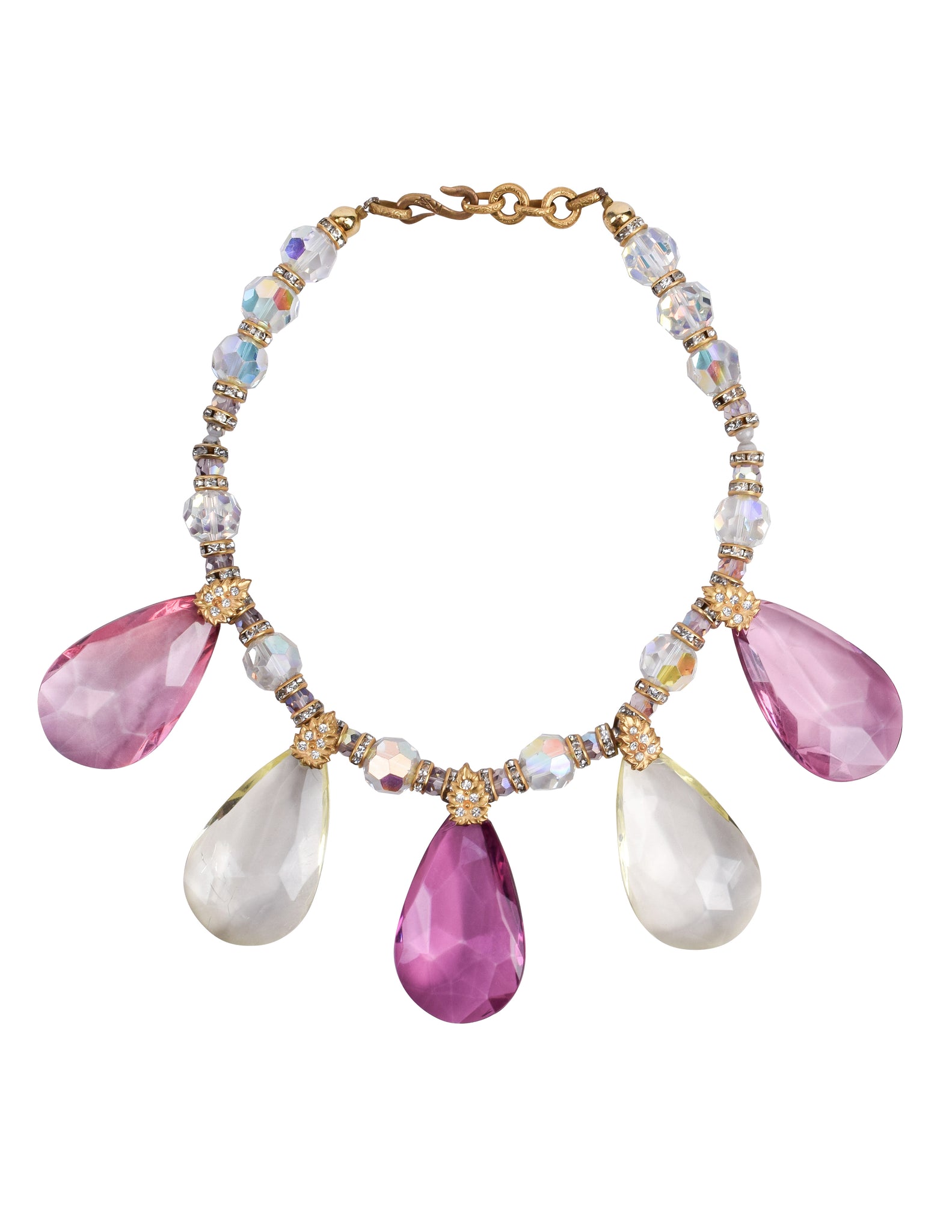 Yves Saint Laurent Vintage SS 1980 Pink Iridescent Faceted Bead and Rhinestone Necklace
