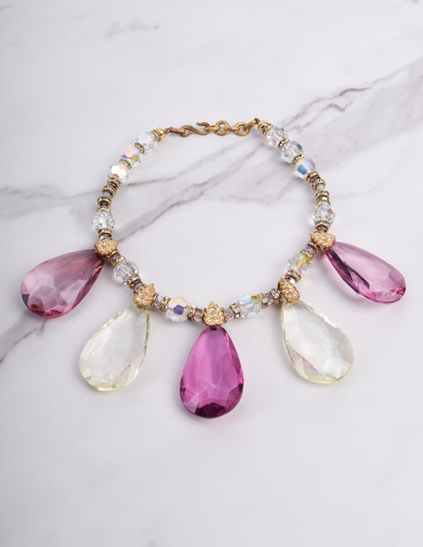 Yves Saint Laurent Vintage SS 1980 Pink Iridescent Faceted Bead and Rhinestone Necklace