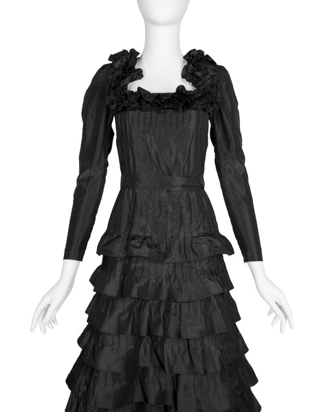 Yves Saint Laurent Haute Couture Vintage AW 1971 Black Silk Taffeta Ruffled Dress