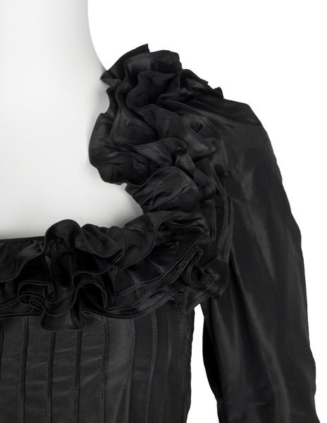 Yves Saint Laurent Haute Couture Vintage AW 1971 Black Silk Taffeta Ruffled Dress