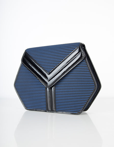 Yves Saint Laurent Vintage Black and Blue Ribbed Stripe Bag