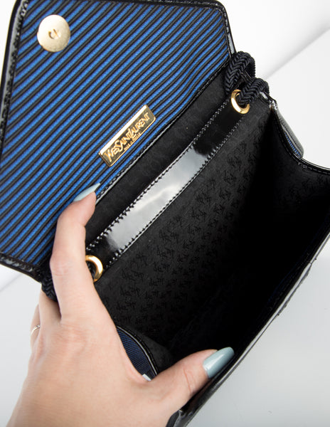 Yves Saint Laurent Vintage Black and Blue Ribbed Stripe Bag