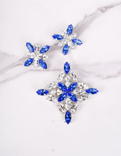 Yves Saint Laurent Vintage Numbered Large Blue Clear Crystal Brooch and Earrings Set