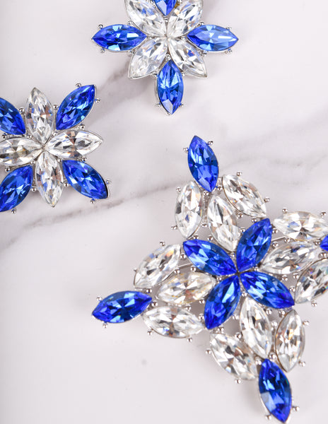 Yves Saint Laurent Vintage Numbered Large Blue Clear Crystal Brooch and Earrings Set