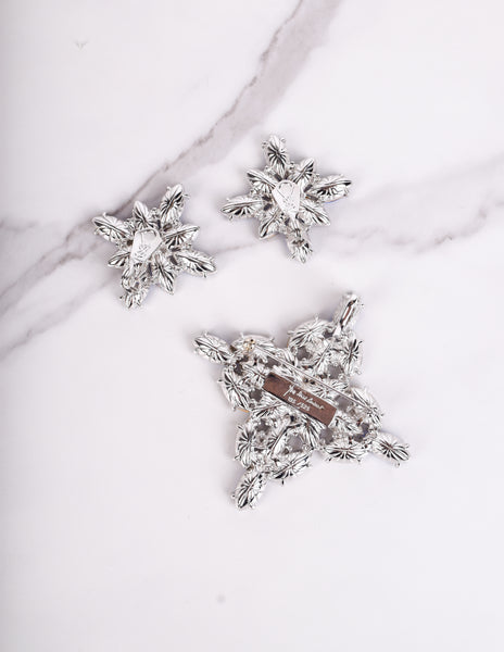 Yves Saint Laurent Vintage Numbered Large Blue Clear Crystal Brooch and Earrings Set