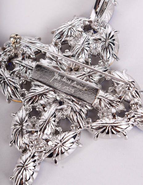 Yves Saint Laurent Vintage Numbered Large Blue Clear Crystal Brooch and Earrings Set