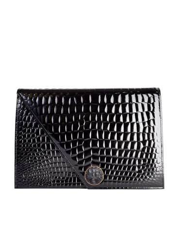 Yves Saint Laurent Vintage Black Croc Embossed Patent Leather Structured Clutch Bag