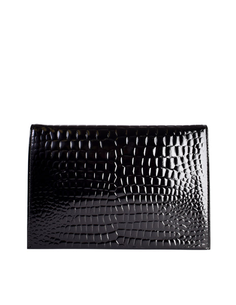 Yves Saint Laurent Vintage Black Croc Embossed Patent Leather Structured Clutch Bag